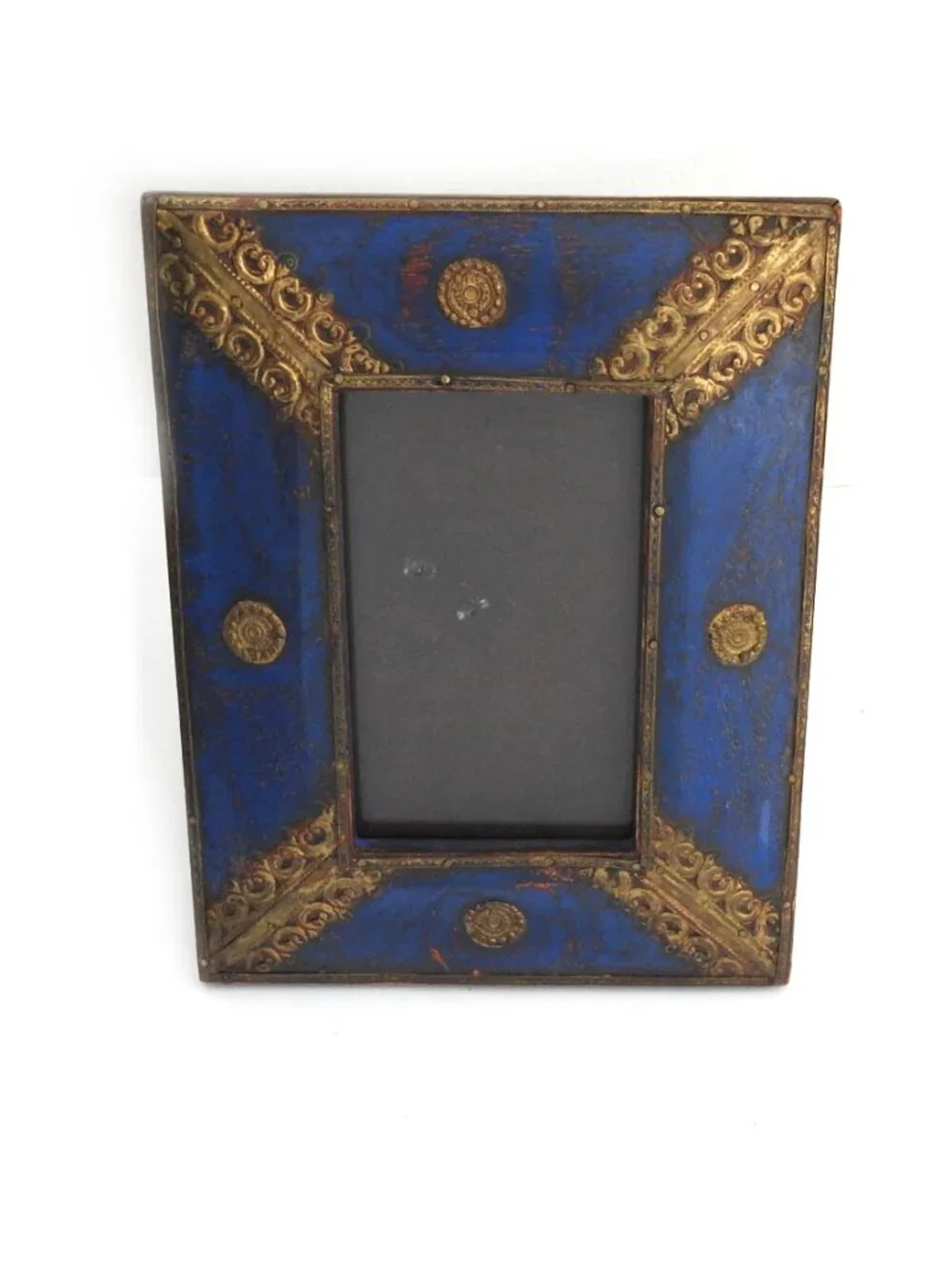 Vintage Blue Wood & Gilt Brass Ornate Picture Frame Rosette Scroll Decor